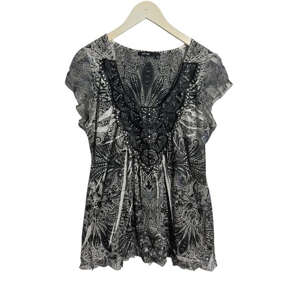 Apt 9 Top Women L Black White Y2K Bedazzled Grunge Emo Boho Sheer Cap Sleeve - Picture 1 of 8